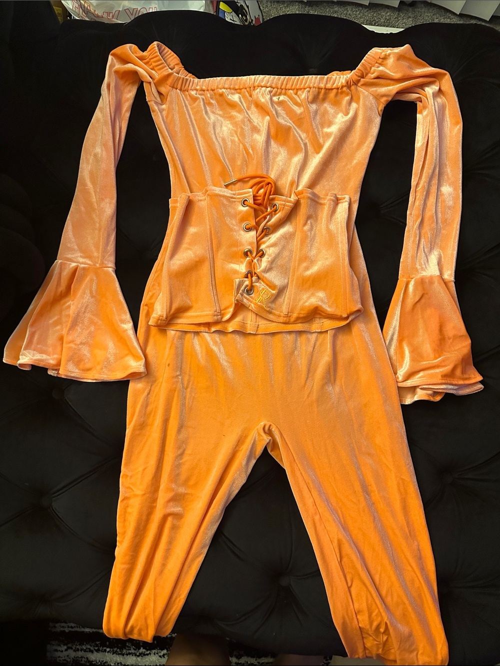 Off-Shoulder Velvet Jumpsuit in Bright Orange